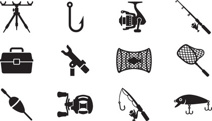 Fishing gear equipment and accessories black silhouette icon set © Open Expression