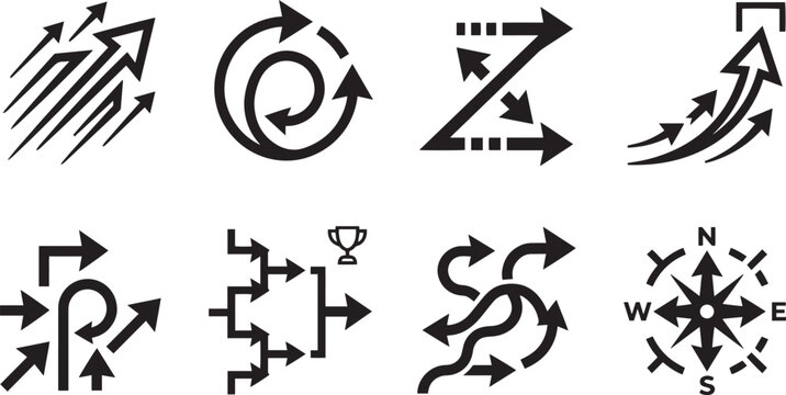 Business growth arrows and strategic direction vector icons set, financial chart upward curves tournament bracket diagram and compass navigation glyphs