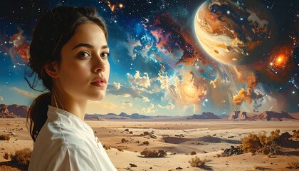 Naklejka premium Woman standing on beach with cosmic explosion backdrop.