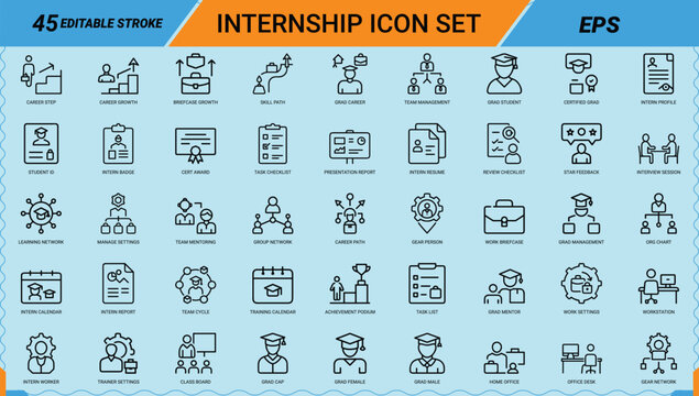 Internship line art icons set, career growth, grad student, intern badge, team mentoring, career path, work briefcase, achievement podium, training calendar, grad cap, Web icon, App icon, Outline icon