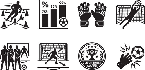 Soccer match play elements and football championship icons set, player jersey referee whistle corner flag tournament trophy flying ball goalie glove and tactic field diagram vector glyphs © rofikgraph24