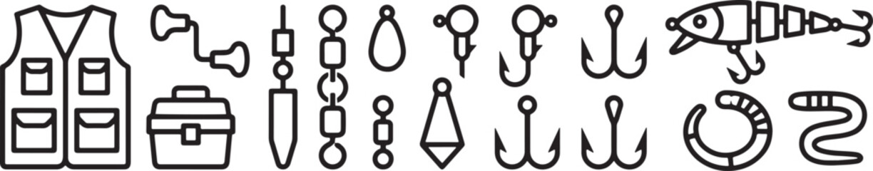 Fishing tackle equipment and bait outline icon set © Open Expression