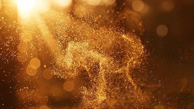 Golden sparkling particles and bokeh lights creating a magical and celebratory atmosphere with sun rays filtering through the dust creating a sense of wonder and enchantment for festive occasions