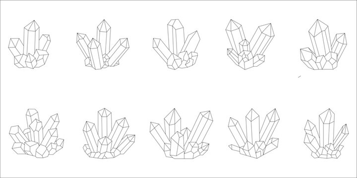 Crystal Cluster Outline Set Vector, Gem Stone Quartz Line Art Collection, Geometric Mineral Drawing for Coloring Book Tattoo Logo and Decor