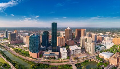 Naklejka premium panoramic view of downtown fort worth skyline and city landscape aerial travel photography