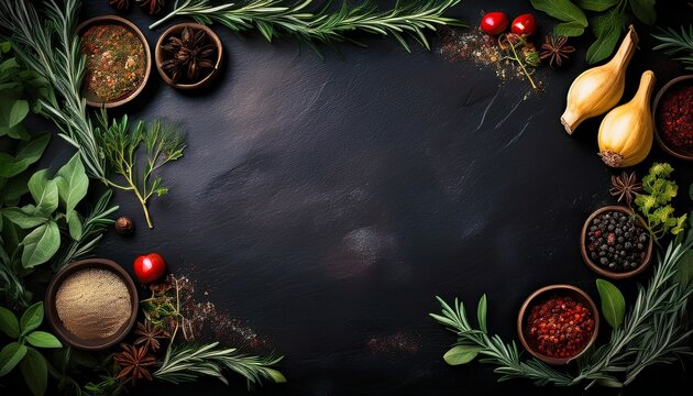 rustic black stone background with herbs and spices frame