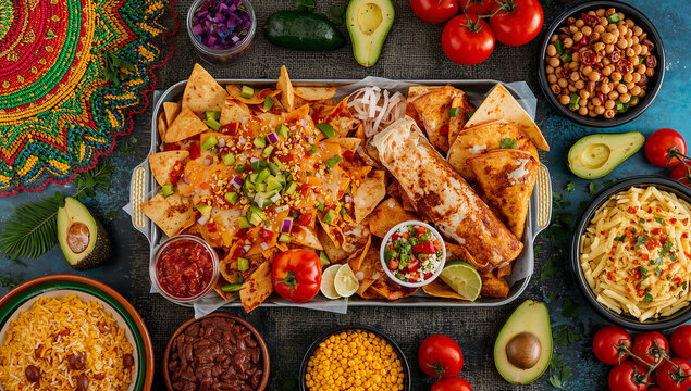 Nachos platter with mexican food ingredients tortilla chips party food sharing platter mexican cuisine tex mex bar food corn chips guacamole tomatoes appetizer cilantro delicious colorful