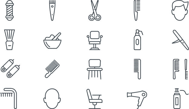 Collection of twenty minimalist line art icons for barber shop and hair salon services