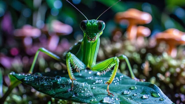 Praying mantis on green leaf with water droplets in close-up, surrounded by vibrant forest elements