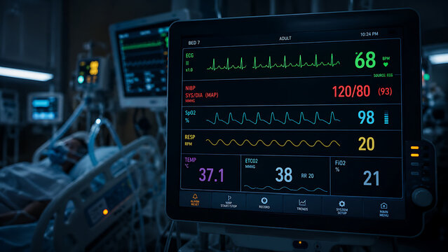 ICU Patient Monitor Displaying ECG Heart Rate Blood Pressure and Vital Signs in Hospital Room