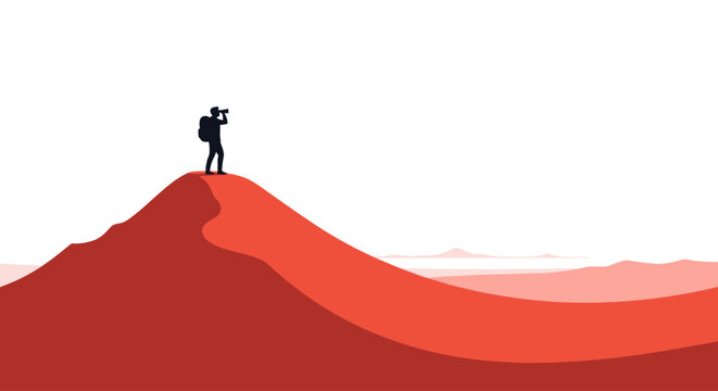 Hiker on Mountain Peak Vector Illustration