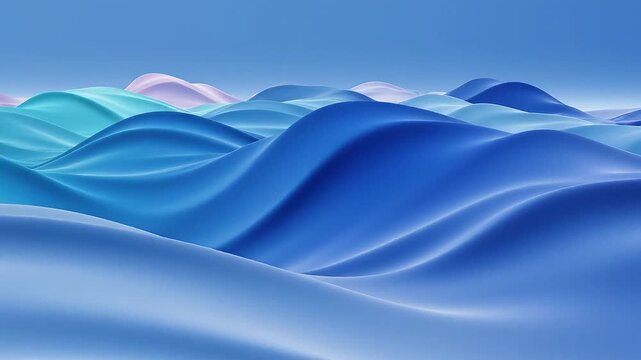 Smooth, undulating landscape of soft blue and pastel pink hills under a clear pale blue sky, resembling rolling waves or abstract terrain in a serene, dreamlike setting