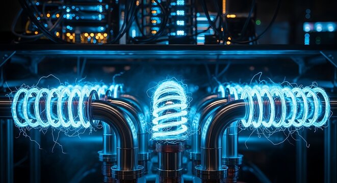 Futuristic glowing coil in a science lab with blue plasma energy and electrical sparks creating a vibrant technological atmosphere