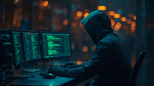 ​A side-profile shot of a hooded individual in a dark room typing on a keyboard, facing multiple computer monitors displaying green lines of code against a blurred bokeh background.