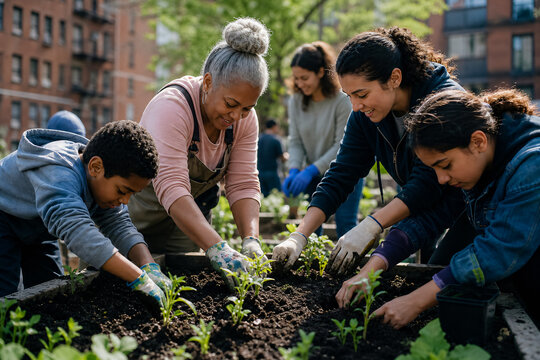 Voisins entretenant le jardin collectif