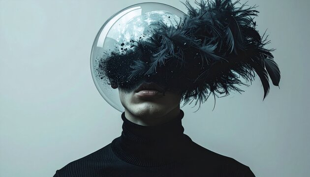 Surreal Portrait of Man with Glass Bowl Feathers and Black Sand