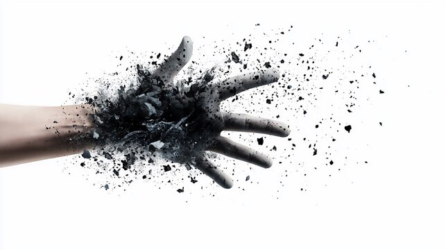 Fragile Existence A Human Hand Violently Shattering into a Cloud of Dark Debris.