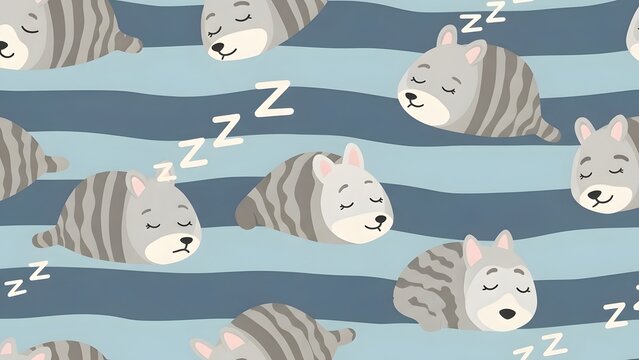 Cats sleep peacefully in a recurring pattern design featuring multiple stylized felines on blue stripes.