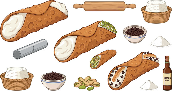 Traditional Sicilian Cannoli Pastry Vector Set with Ricotta Cheese Basket Pistachios Chocolate Chips Marsala Wine Rolling Pin and Metal Tubes for Bakery Designs
