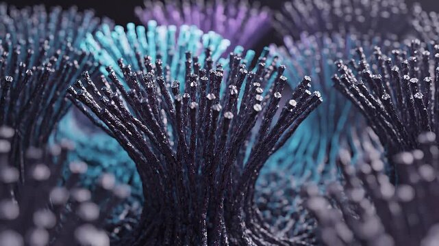 Macro view of bioluminescent blue fiber optic strands or neural pathways, clustered together and glowing with internal light against a dark blurred background, suggesting biology or technology