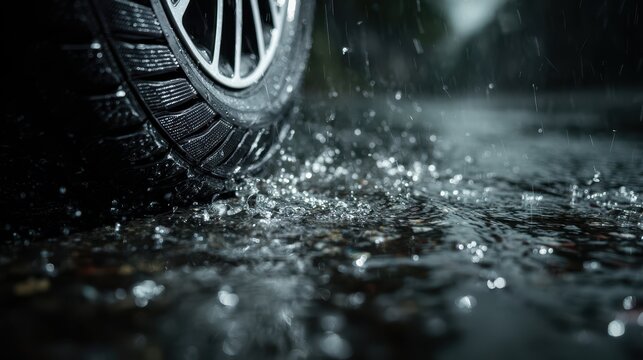 Car tire on wet asphalt during heavy rain at night