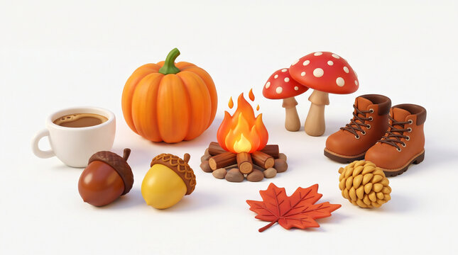 A collection of 3D autumn-themed objects including a pumpkin, mushrooms, boots, and campfire on a white background