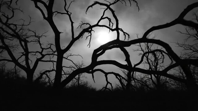 Spooky black and white landscape of a forest with bare trees silhouetted against a cloudy sky on a foreboding day