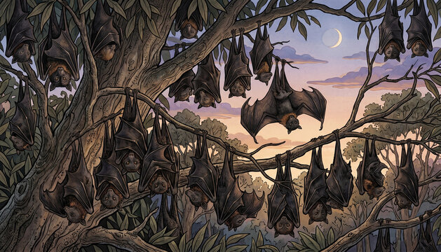 Black flying-foxes hanging in tree