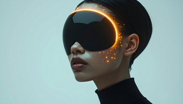Futuristic Woman Wearing Glowing Virtual Reality Headset In A Studio Setting
