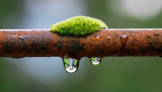 close up of a rusty metal pipe with green moss and water droplet on a grey background