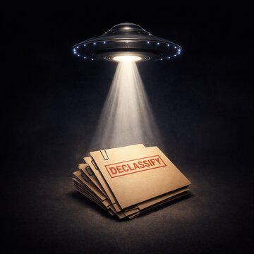 UFO illuminating declassified files of secret research on unidentified phenomena, government disclosure concept, extraterrestrial mystery and confidential documents.