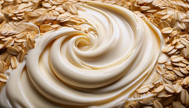 flowing cream swirl over oats surface creating a textured culinary background for food photography