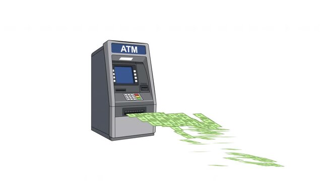 Animated atm machine dispensing a continuous stream of cash on a white background, representing wealth, banking, cash withdrawal, financial success, and abundance. 4k video