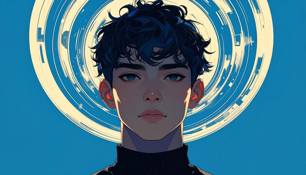 Anime Style Portrait of Young Man with Dark Curly Hair and Blue Eyes