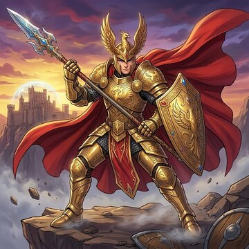 Powerful golden knight warrior holding a spear and shield in front of a fantasy castle