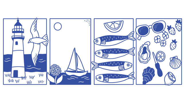 Blue and white vector illustrations showcasing a summer coastal vacation with a lighthouse, sailboat, fresh seafood, and beach items