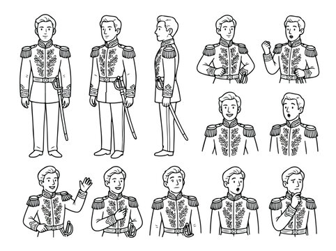 Character design sheet of a prince in royal military uniform with various poses and expressions line art.
