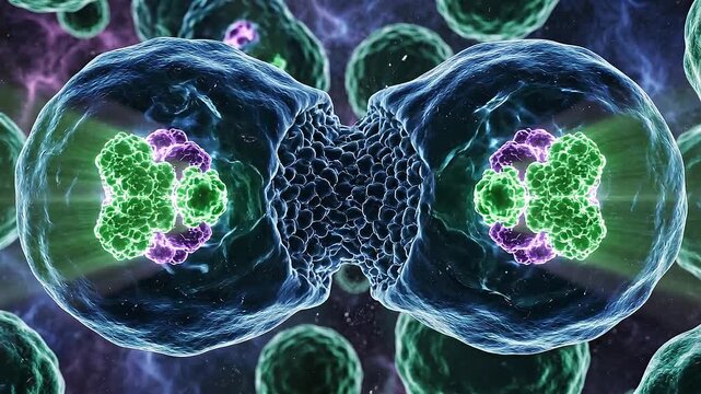 Microscopic view of dividing cells with vibrant purple and green internal structures and surrounding cellular in a dark cosmic background