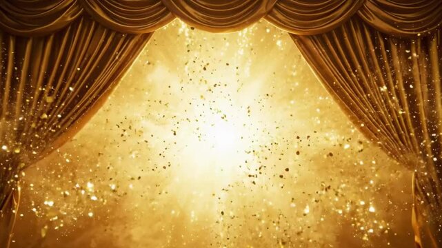 Captivating golden curtain reveal theatre stage visual spectacle dramatic environment close-up magic unveiled