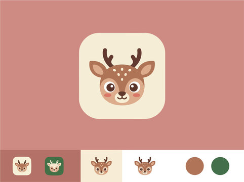 Cute cartoon deer head icon vector illustration of a baby fawn with antlers and big eyes.