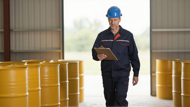 Focused industrial worker in a safety uniform conducting a warehouse inspection among yellow drums. This image highlights logistics management and quality control in a manufacturing facil
