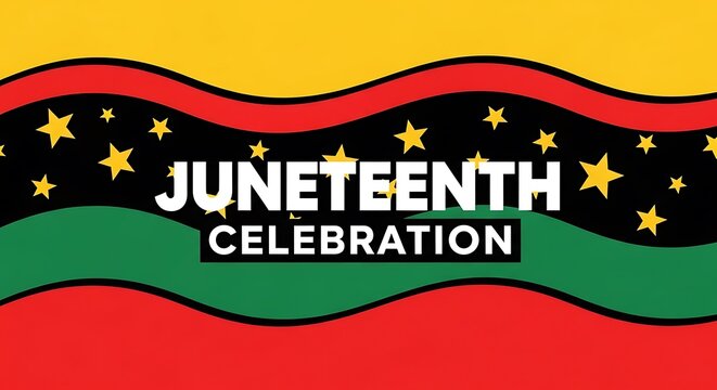 Juneteenth celebration banner with wavy lines and stars on colored background