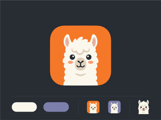 Naklejka premium Cute cartoon llama app icon vector illustration with fluffy white alpaca character.