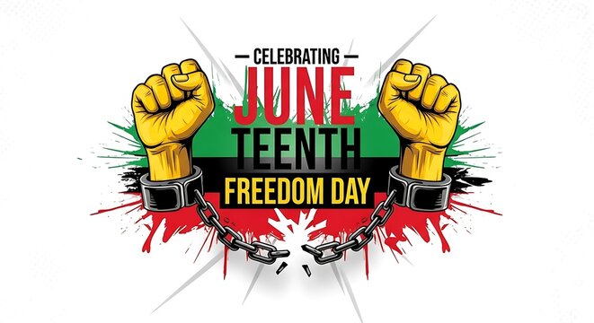 Juneteenth freedom day celebrating with fists and chains broken
