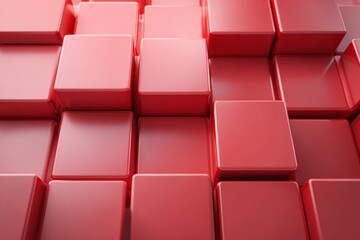 Fototapeta premium 3D render wall made of red monochrome cubes in geometric pattern. Abstract digital texture, modern architectural background, minimalist block design.