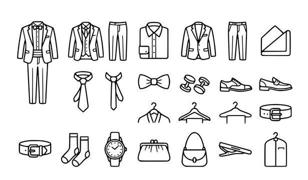Wedding and Celebration Dress Code Linear Icon Set with Formal Clothing and Accessories