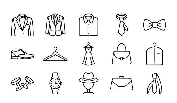 Formal Event Clothing Outline Icons Wedding Ceremony Fashion Dress Code Vector Collection
