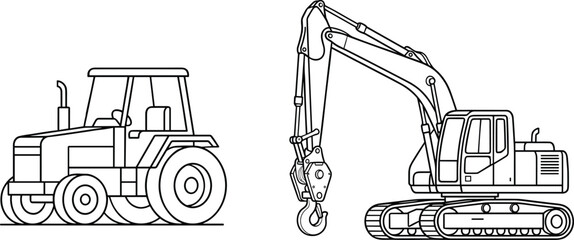 Agricultural Tractor and Crawler Crane Line Art Illustration Featuring Industrial Machinery for Construction and Engineering Applications © RIFAT