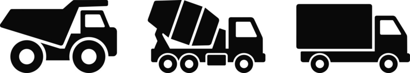 Commercial and Construction Truck Silhouette Collection Featuring Dump Truck, Concrete Mixer and Delivery Vehicle Transportation Icons © RIFAT