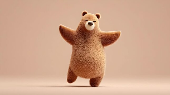 Cute 3D Cartoon Bear on Minimalist Background with Playful Pose